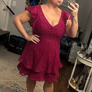 City Chic Size 16 Lace Mini Dress Framboise Fuchsia V Neck Cap Sleeves